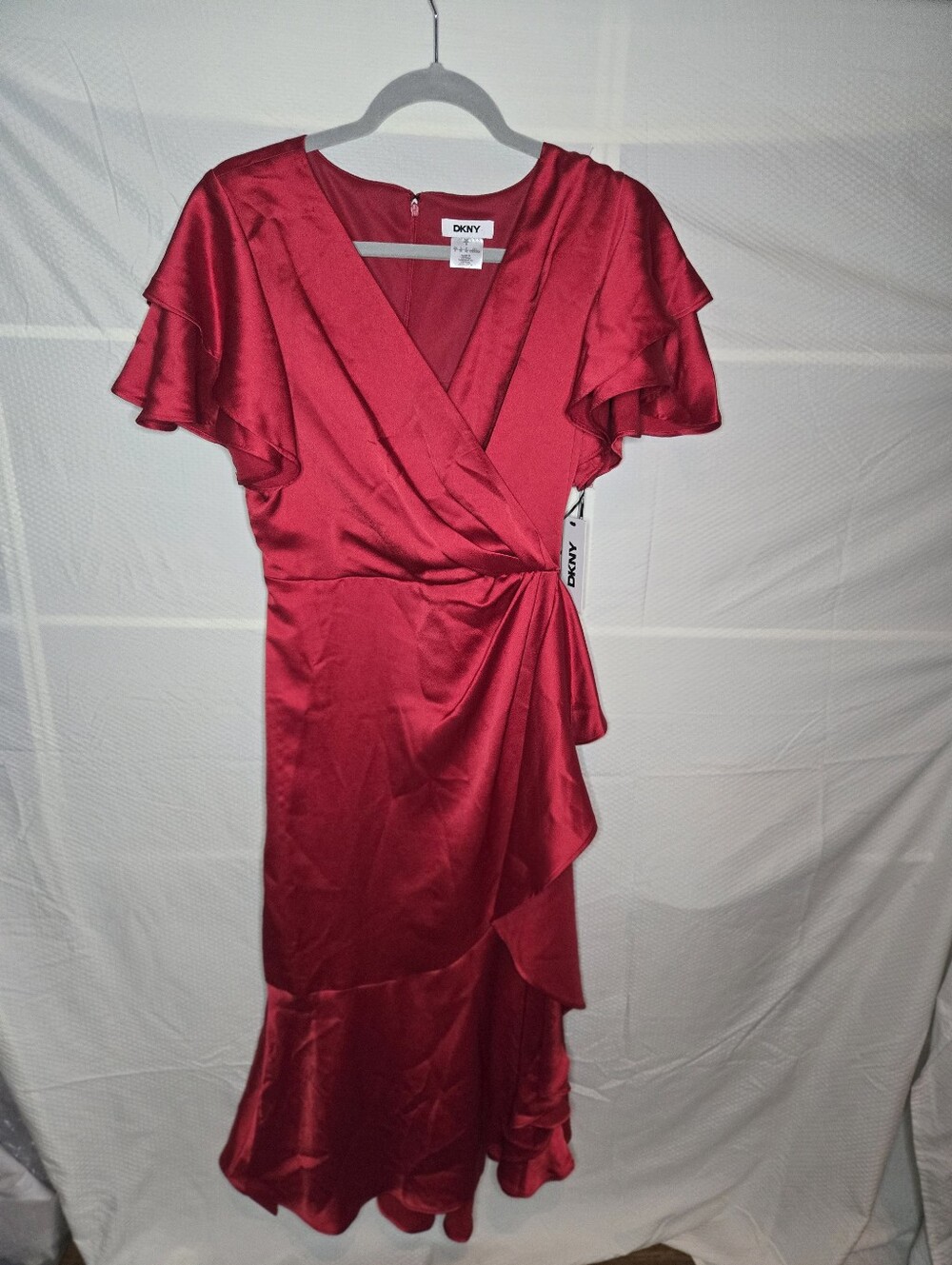 DKNY Red Satin Wrap-Style Midi Dress with Ruffle Sleeves And Hem